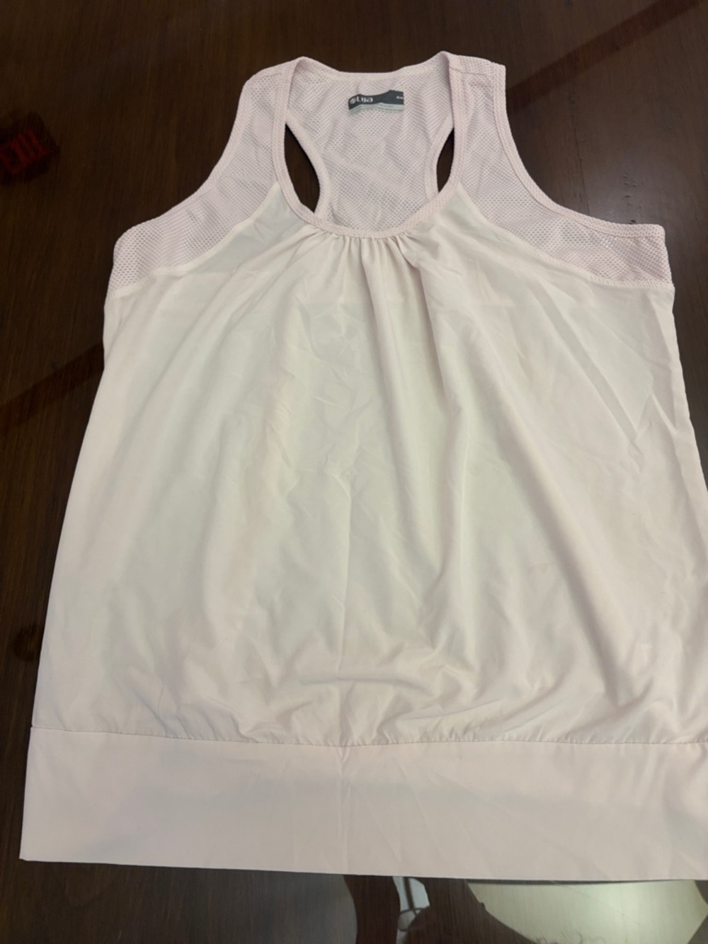 Lija White Racerback Tank with Light pink Mesh Yoke Size Medium